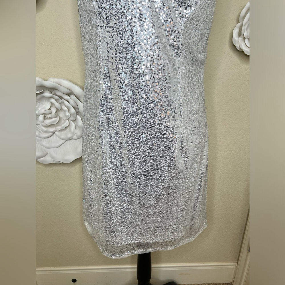 Kate Kasin Silver Sequined Sleeveless V Neck Cocktail Dress Size Large - Picture 4 of 16